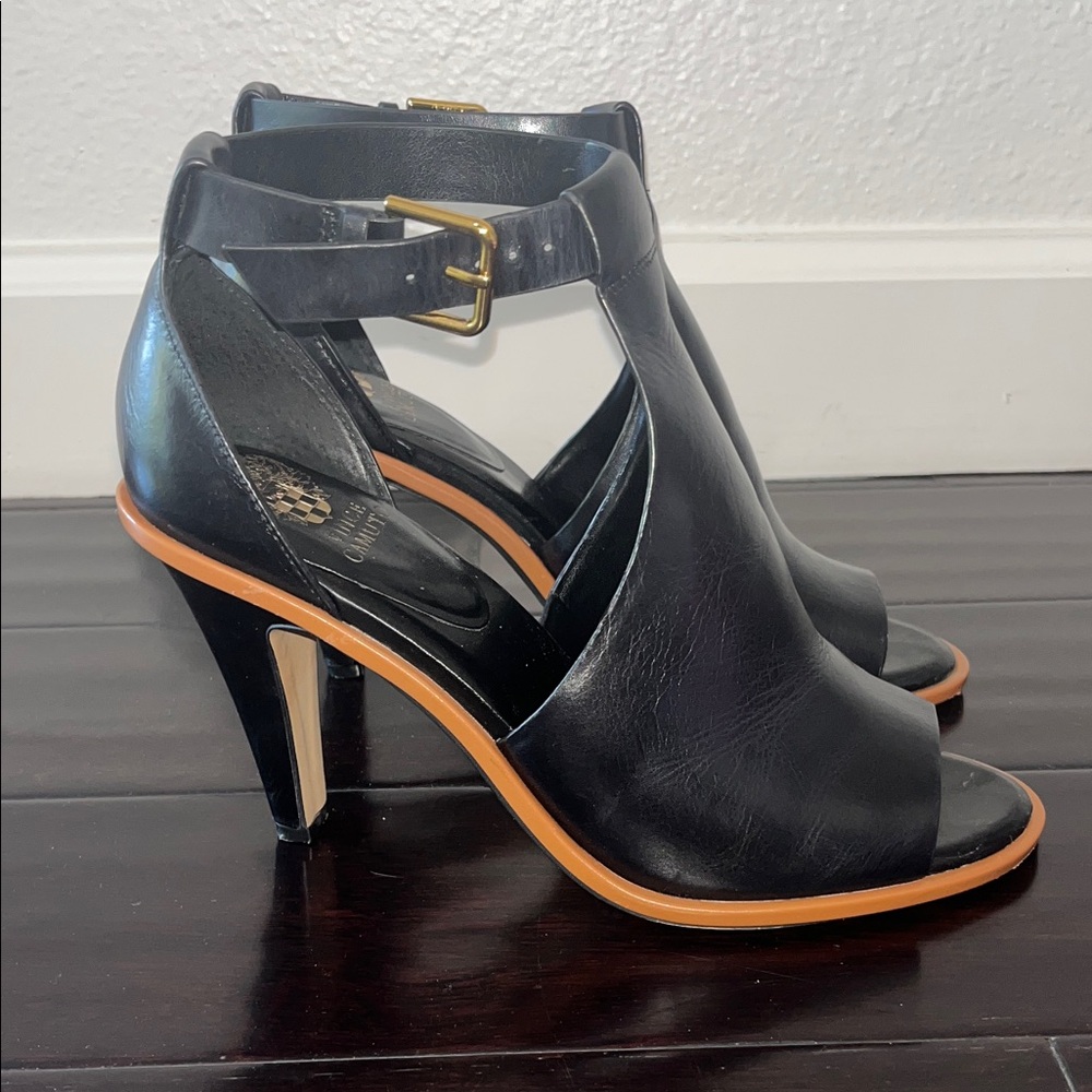 VINCE CAMUTO Black Peep-Toe Heels with Tan Sole - Picture 2 of 6